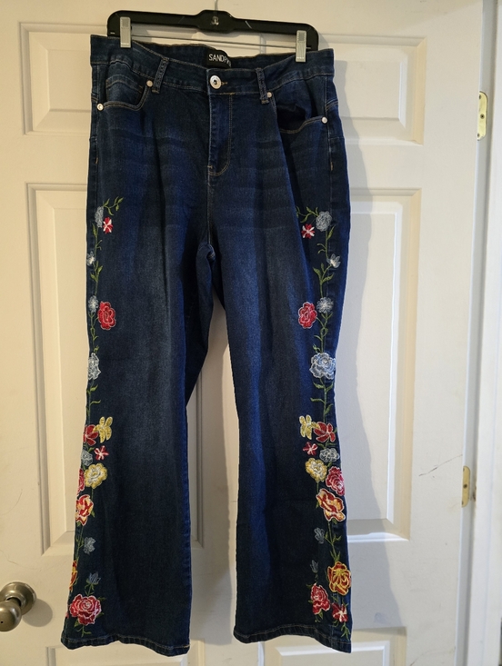 None Denim - Sandpiper Dark Blue Wide-Leg Jeans with Multicolor Floral Embroidery